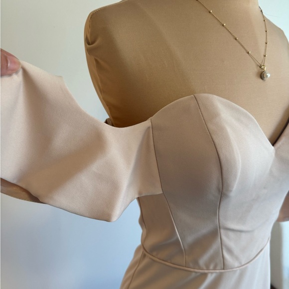 Kleinfeld off shoulder formal dress in dusty beige, neutral color - Picture 6 of 14